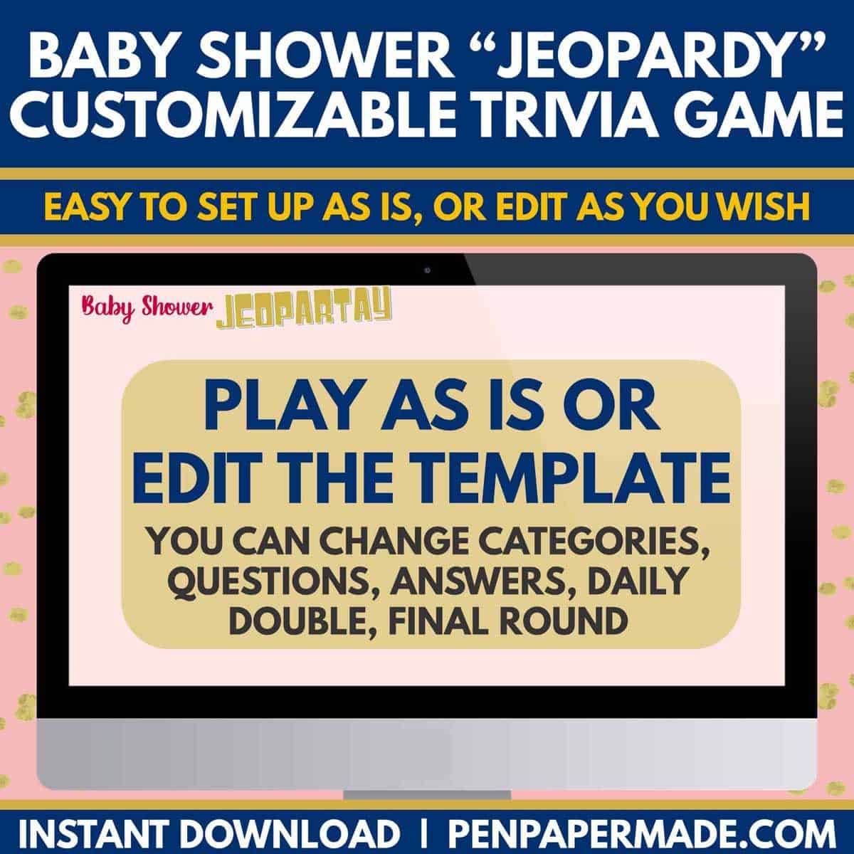 pre-loaded pink baby shower jeopardy questions to play as is or edit template with own questions.