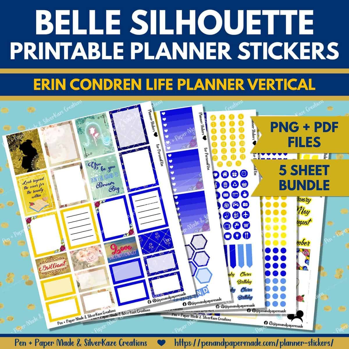 disney belle blue gold yellow most popular printable planner sticker bundle.