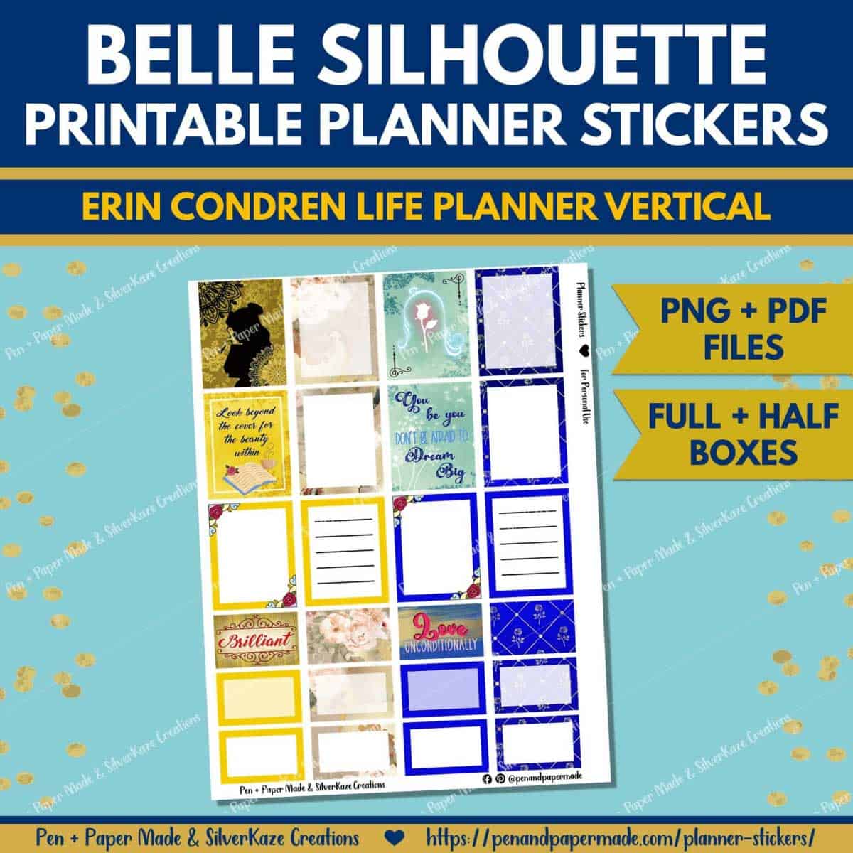 disney belle blue, gold, yellow full, half, quarter boxes with quotes, lists, notes.