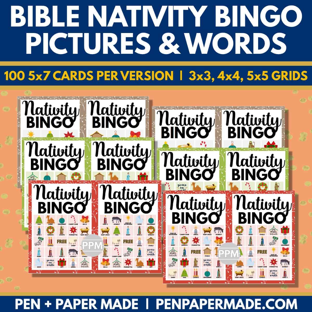 bible nativity christmas bingo 5x5, 4x4, 3x3 game cards bundle.