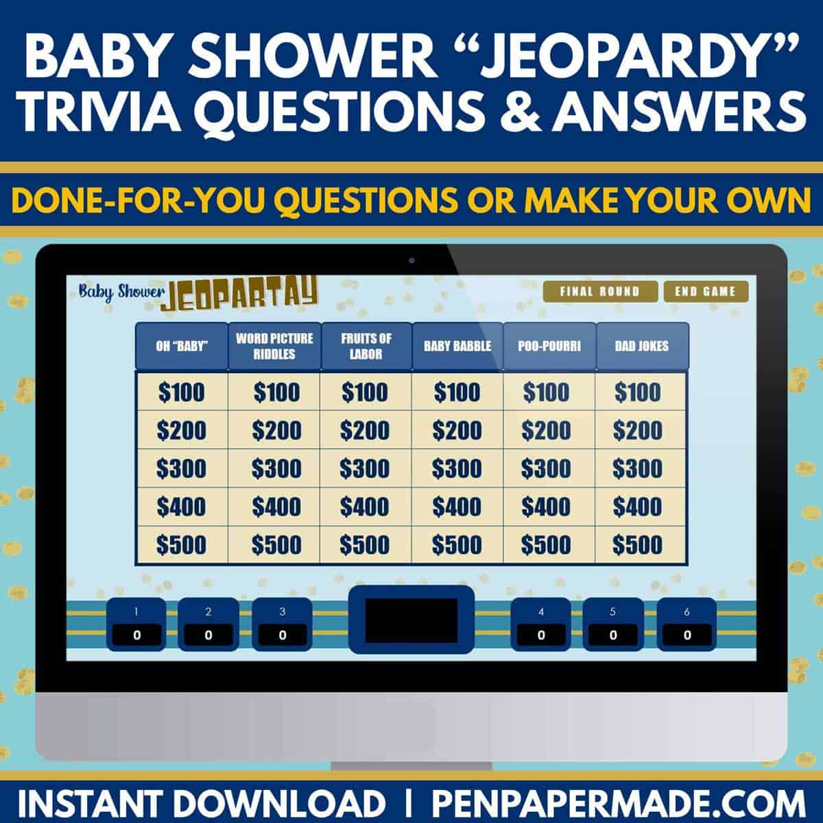 blue baby shower jeopardy done for you questions on game board.