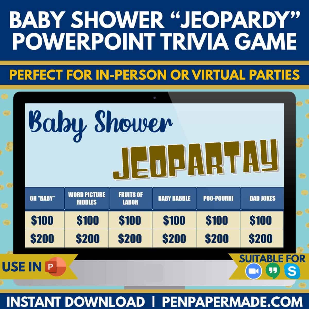 blue baby shower jeopardy powerpoint title and game categories.