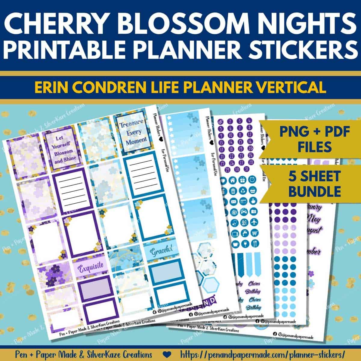 blue, purple cherry blossom most popular printable planner sticker bundle.