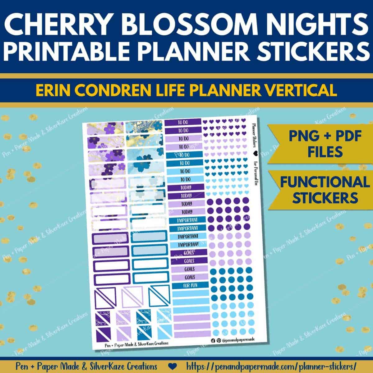 cherry blossom in blue, purple functional sticker labels.
