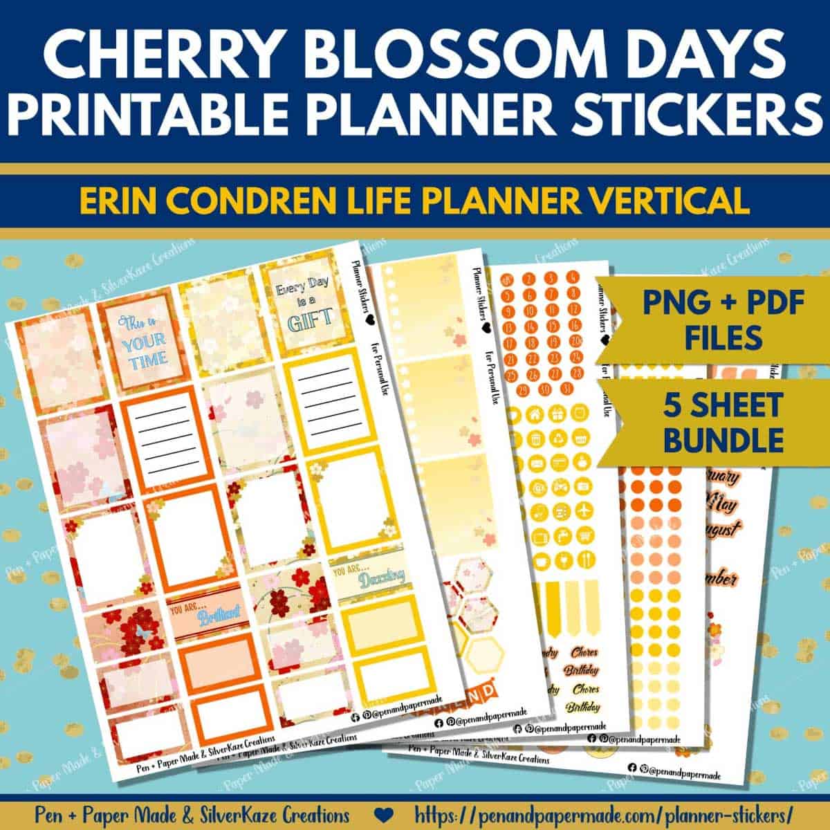 red, orange, yellow cherry blossom most popular printable planner sticker bundle.
