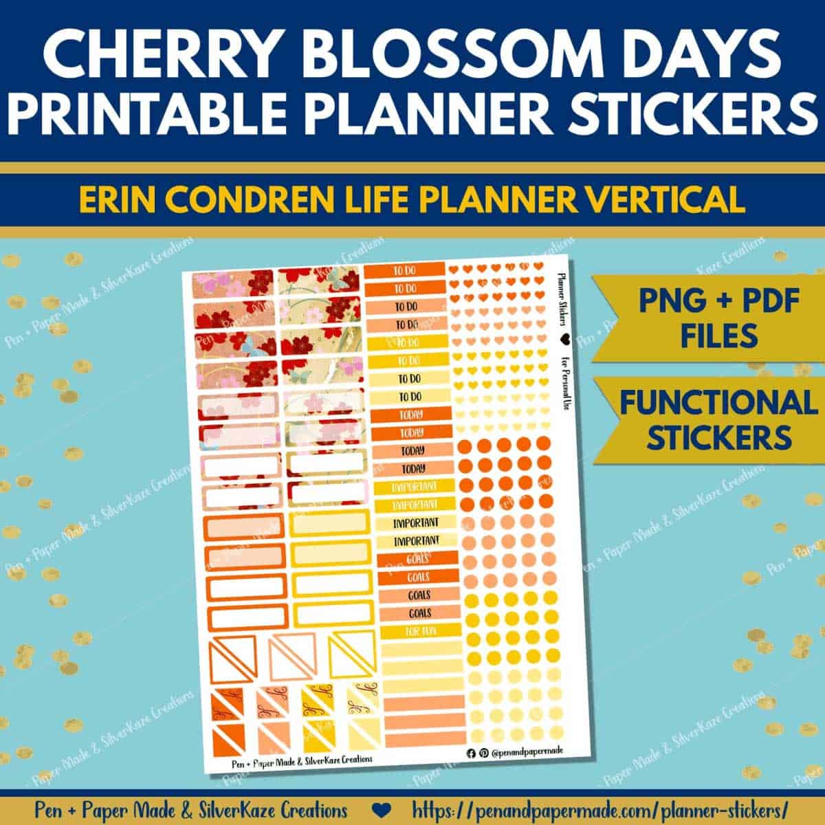 warm cherry blossom in red, orange, yellow functional sticker labels.