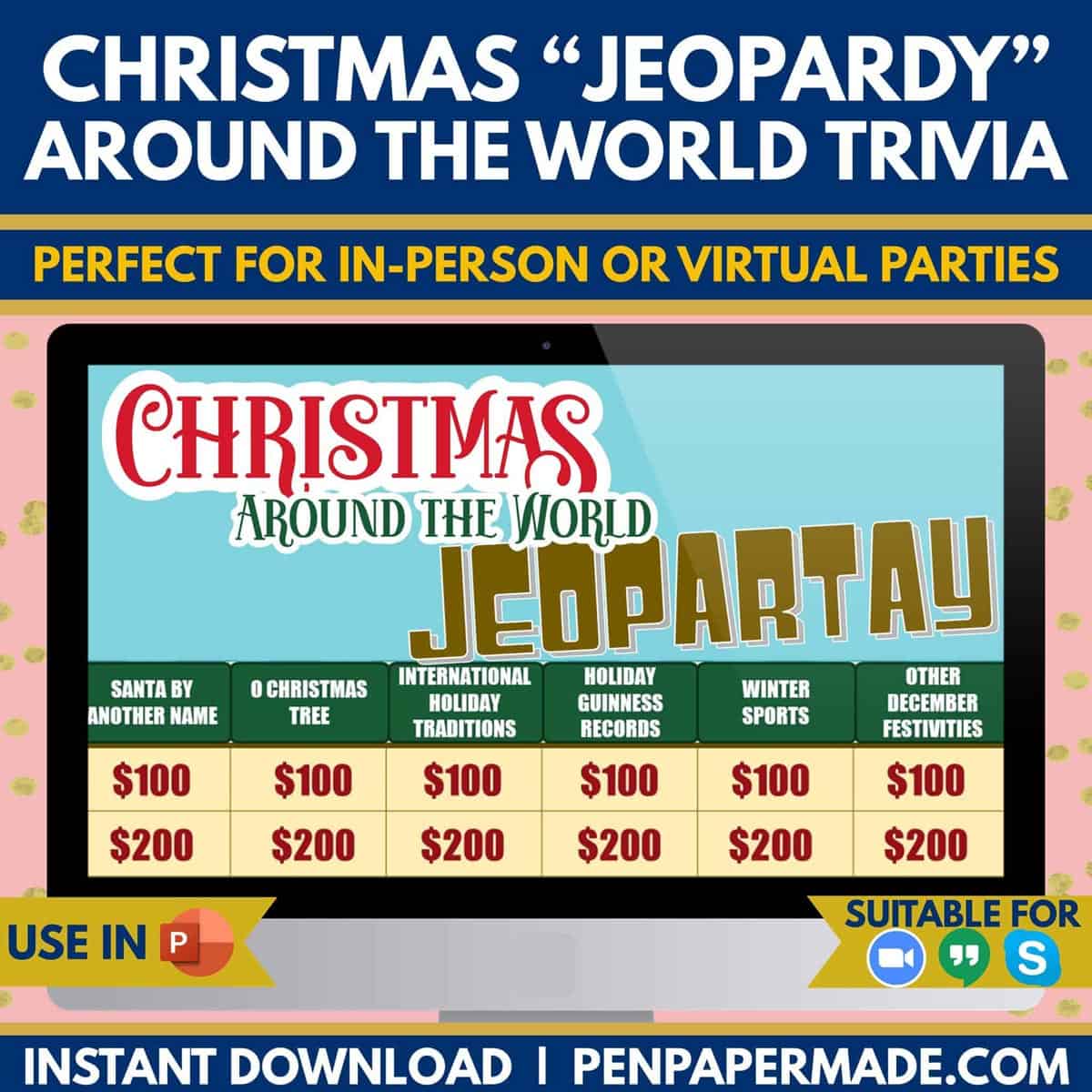christmas around the world jeopardy powerpoint title and game categories.