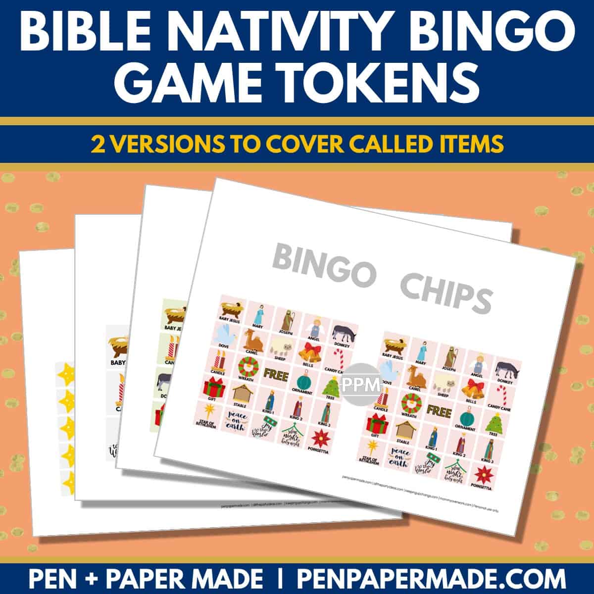 bible nativity christmas bingo card 5x5, 4x4, 3x3 game chips, tokens, markers.