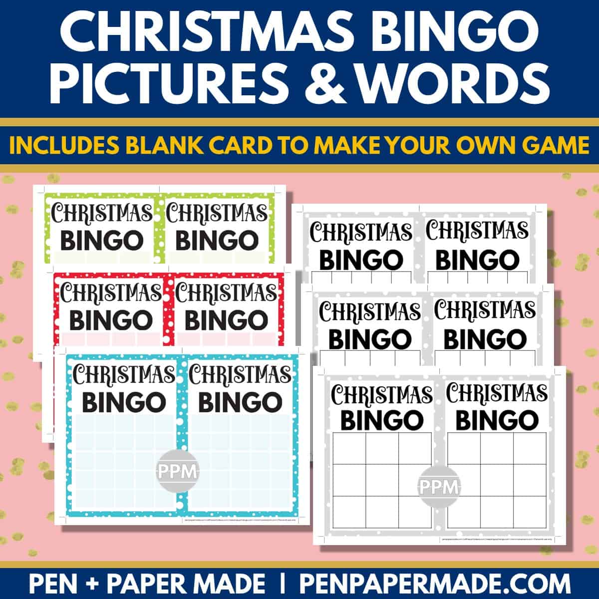 christmas bingo 5x5, 4x4, 3x3 bingo card blank template.
