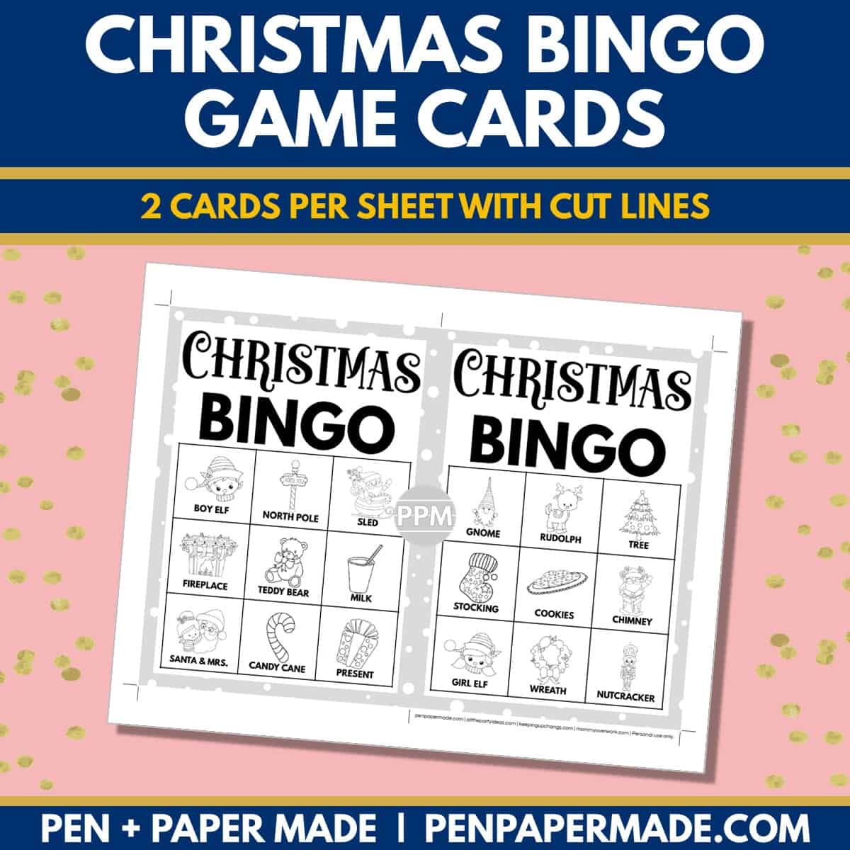 christmas bingo card 3x3 5x7 game boards with images and text words.