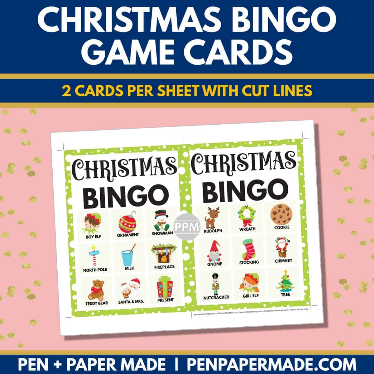 christmas bingo card 3x3 5x7 game boards with images and text words.