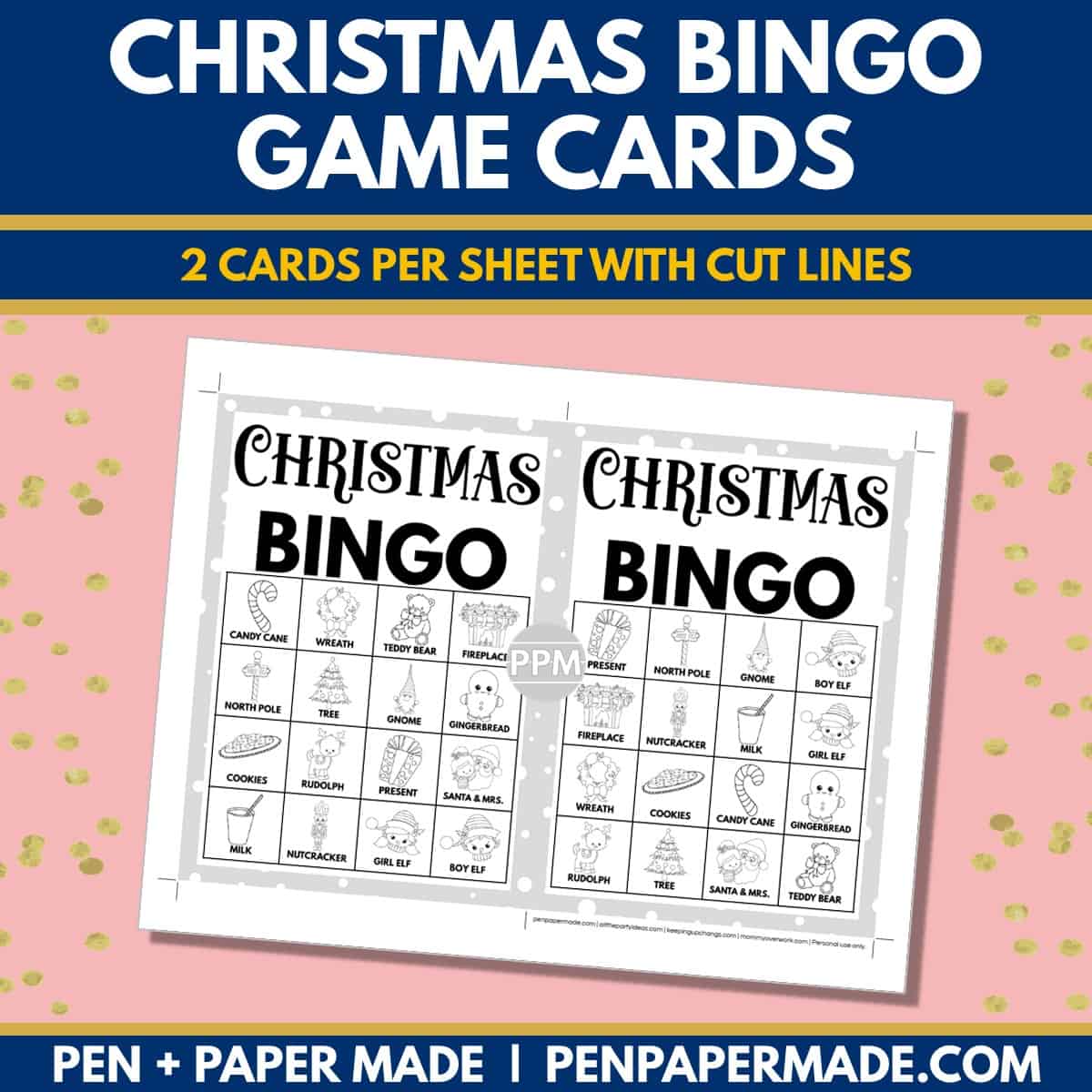 christmas bingo card 4x4 5x7 game boards with images and text words.