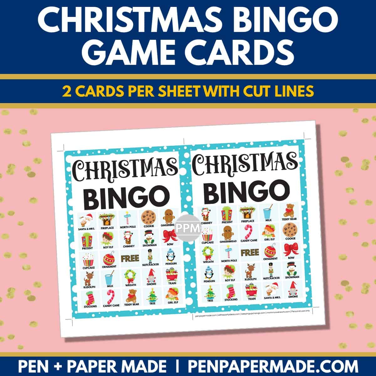 christmas bingo card 5x5 5x7 game boards with images and text words.
