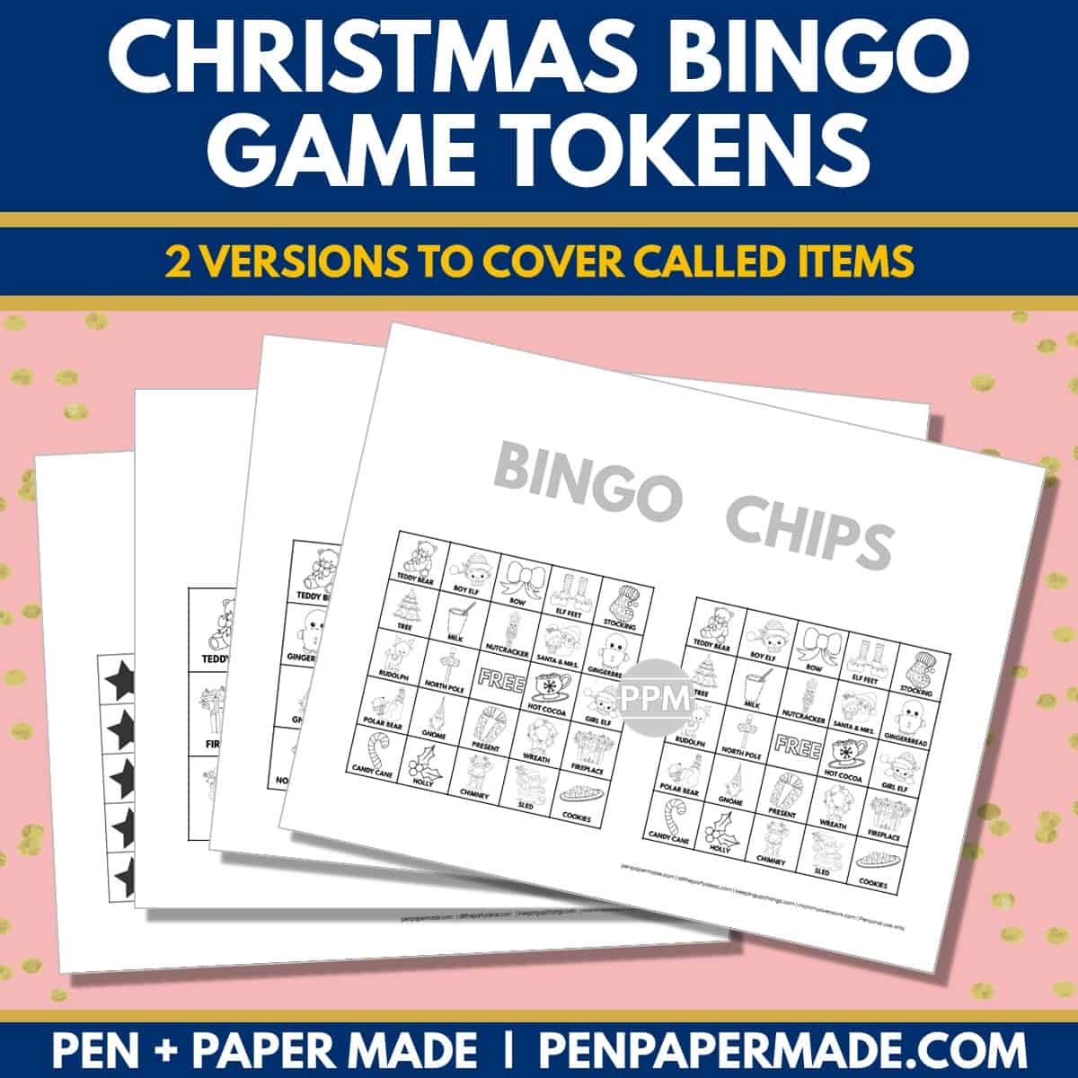 christmas bingo card 5x5, 4x4, 3x3 game chips, tokens, markers.
