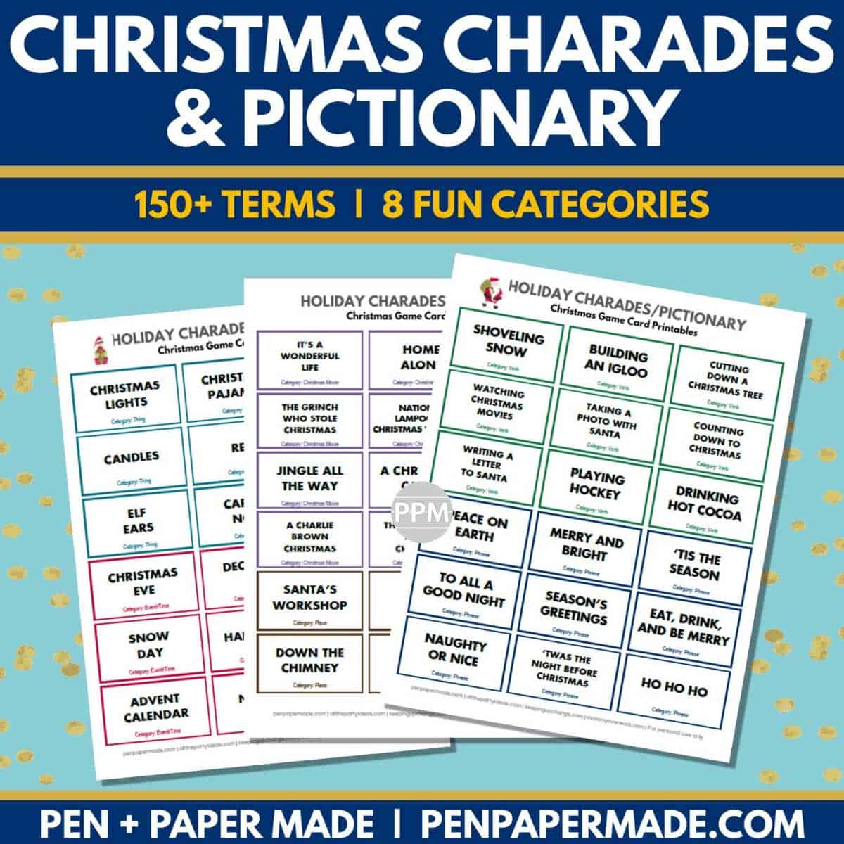 christmas charades and pictionary party game printable cards.