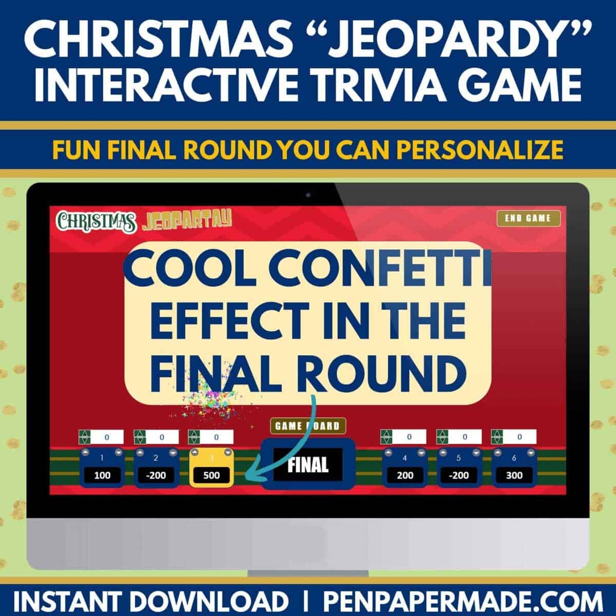 final round in christmas jeopardy includes confetti to celebrate the winning team.
