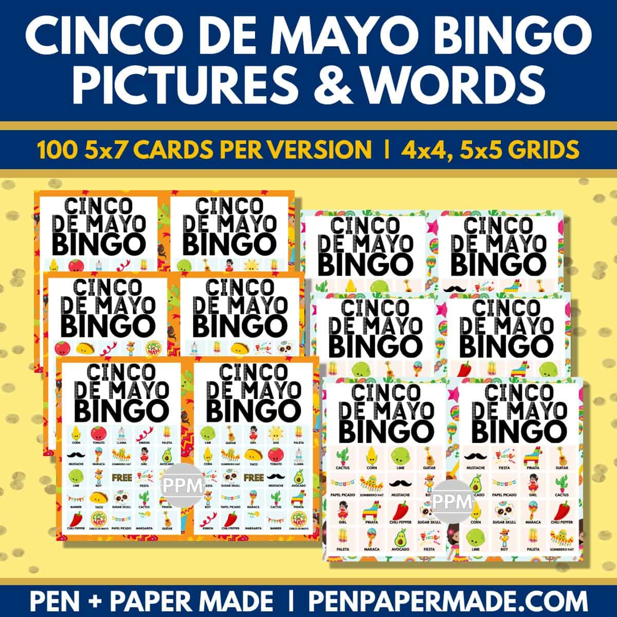 cinco de mayo bingo 5x5, 4x4 game cards bundle.