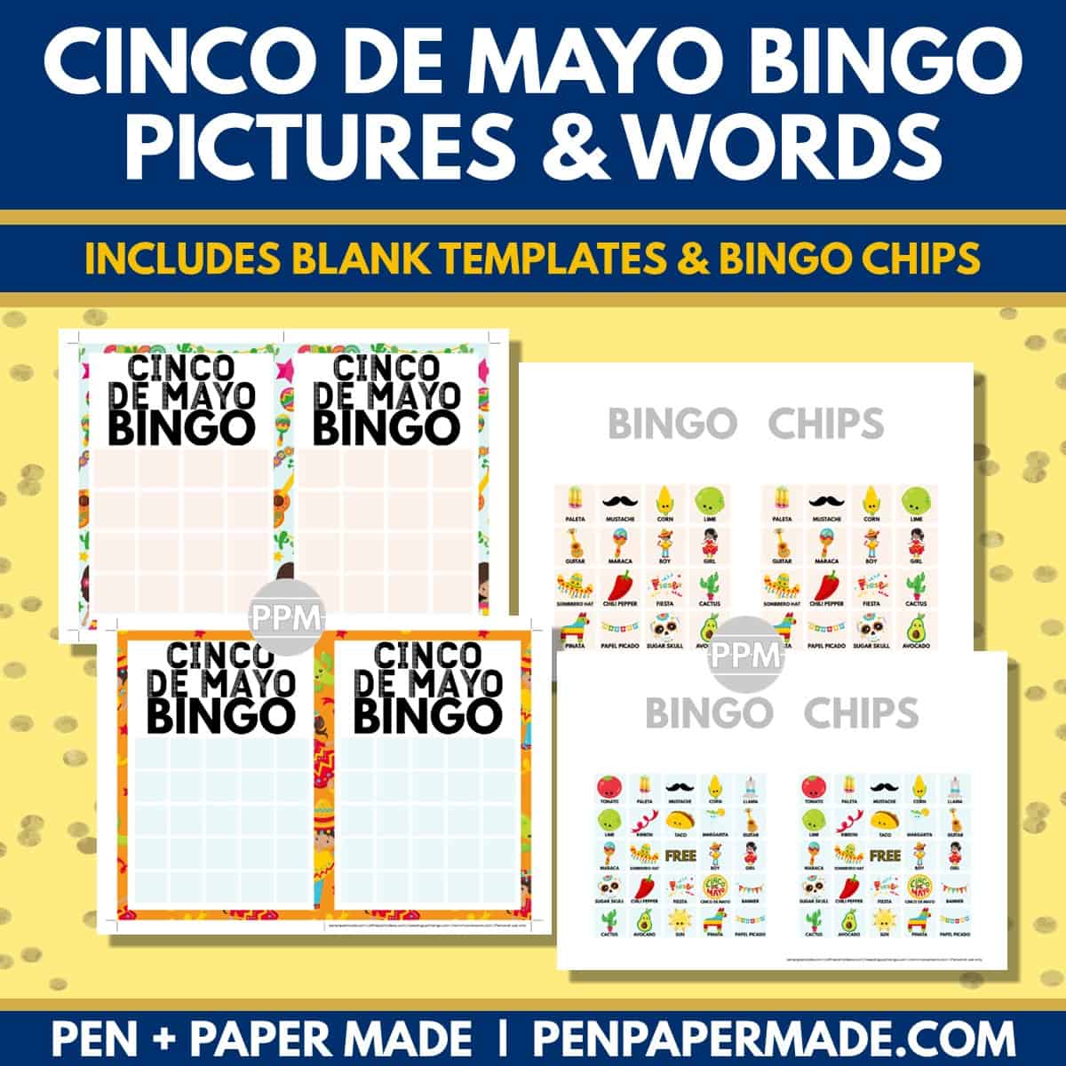 cinco de mayo bingo card 5x5, 4x4 game chips, tokens, markers.