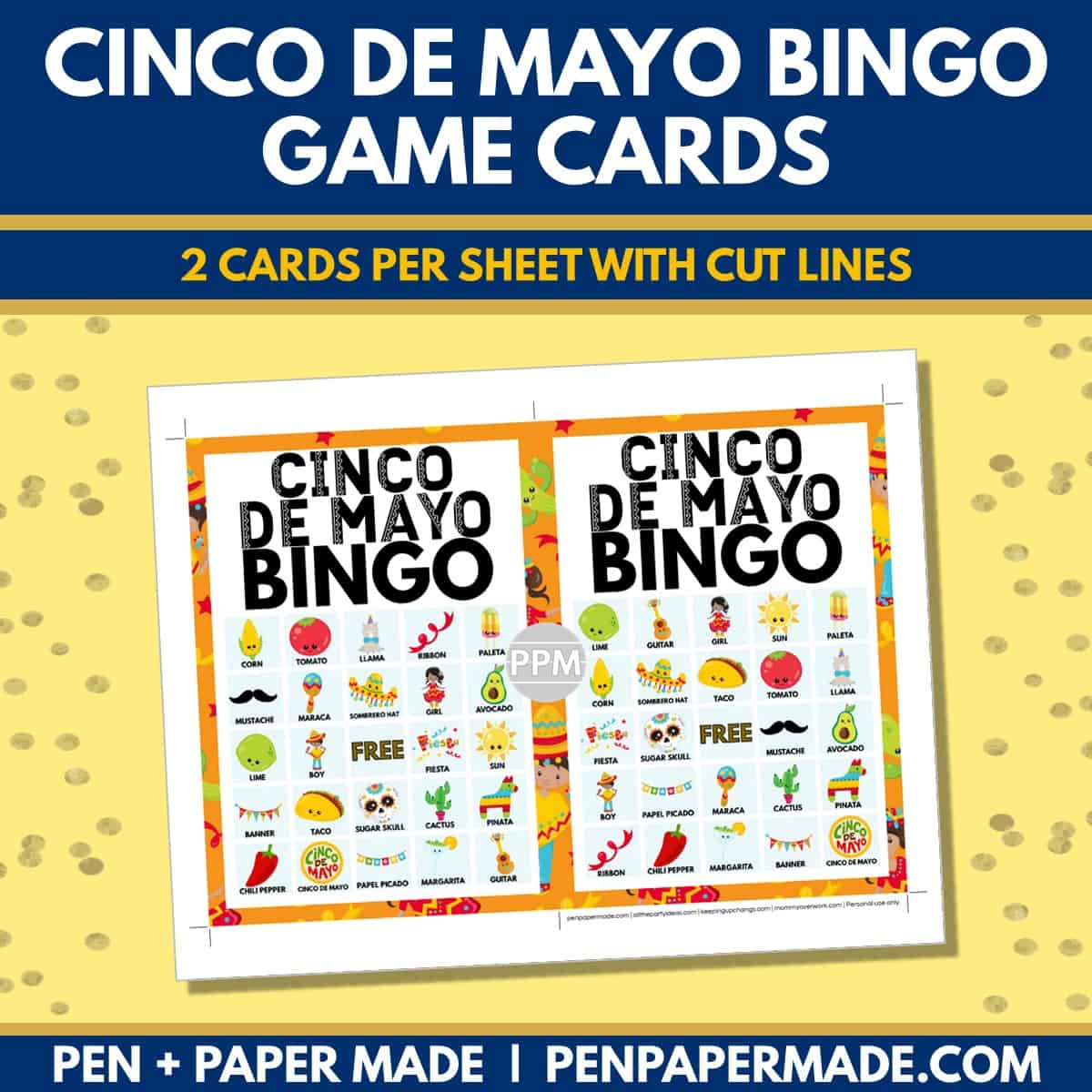 cinco de mayo bingo card 5x5 5x7 game boards with images and text words.