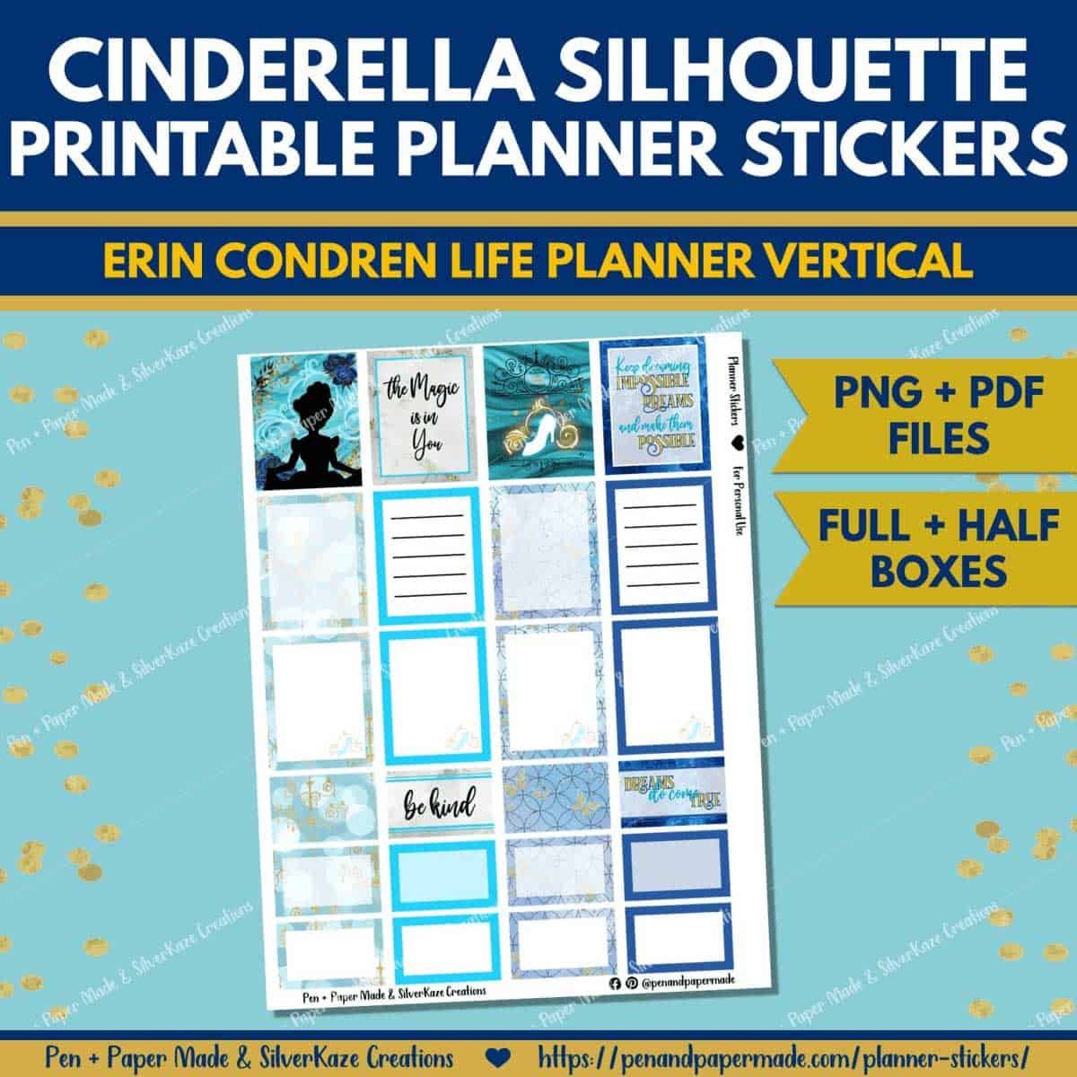 disney cinderella blue, silver, gold full, half, quarter boxes with quotes, lists, notes.