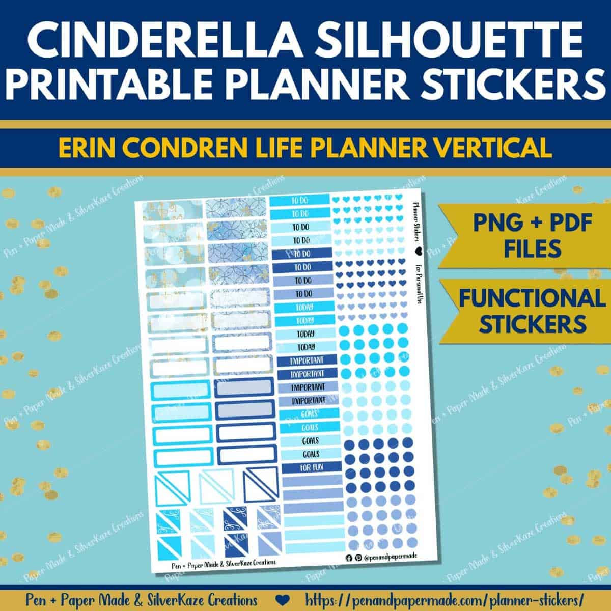 disney cinderella blue, gold, silver functional sticker labels.