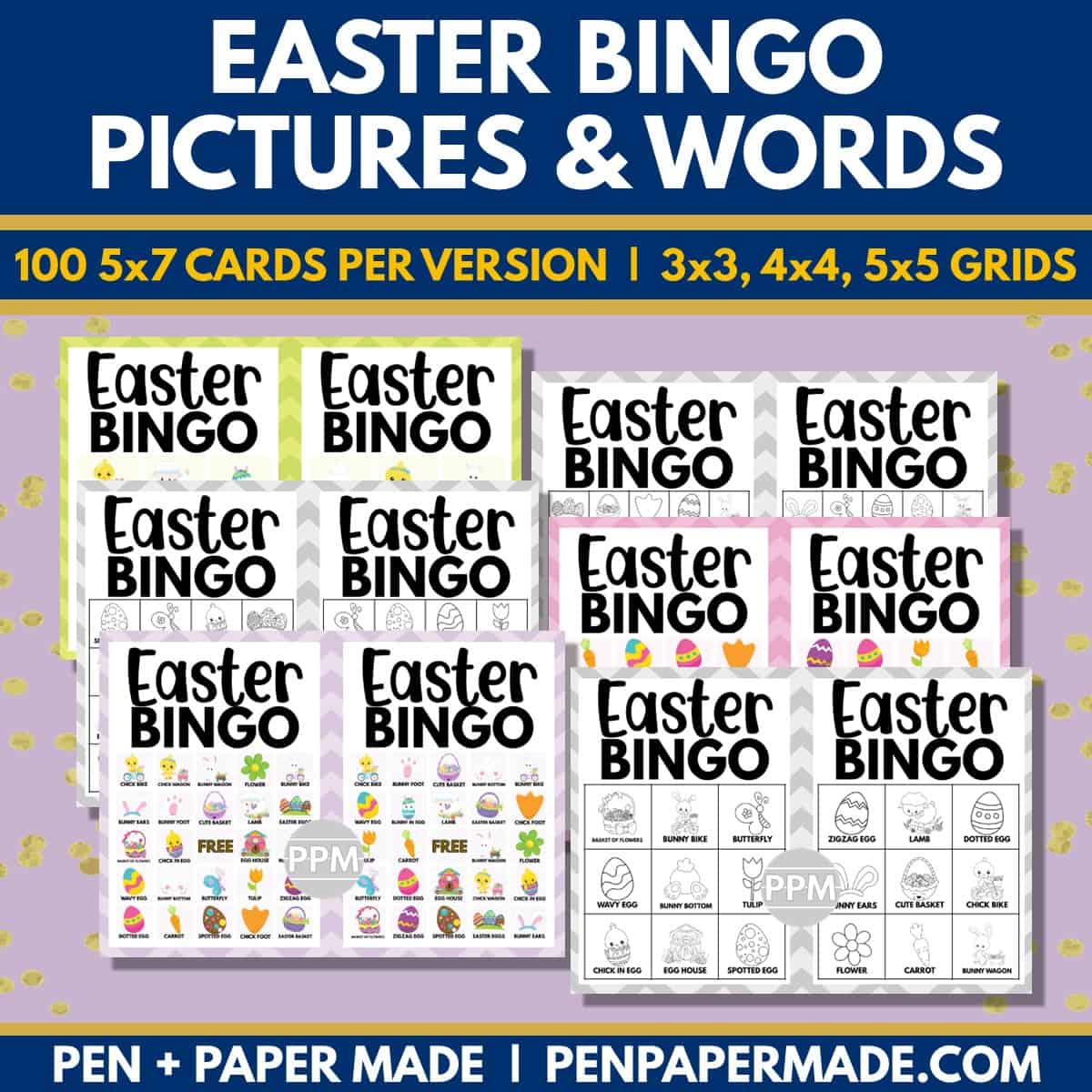 easter bingo color, black and white game cards bundle.