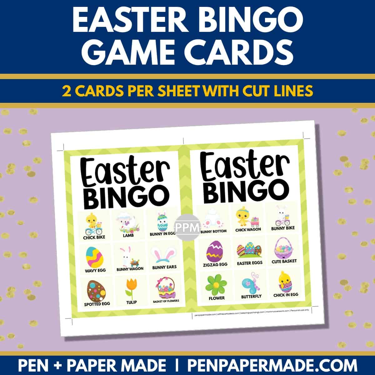 easter bingo card 3x3 5x7 game boards with images and text words.