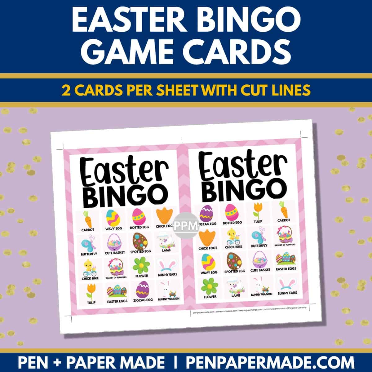 easter bingo card 4x4 5x7 game boards with images and text words.