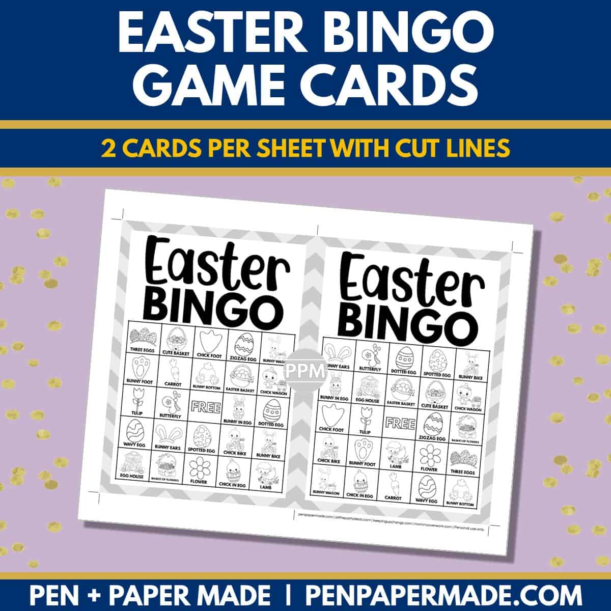 easter bingo card 5x5 5x7 game boards with black white images and text words for coloring.