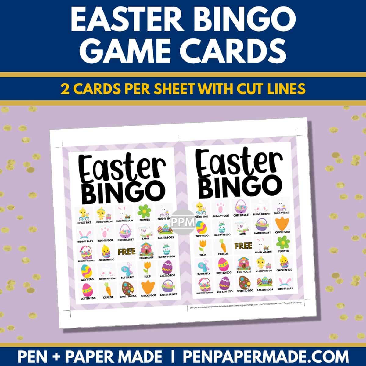 easter bingo card 5x5 5x7 game boards with images and text words.