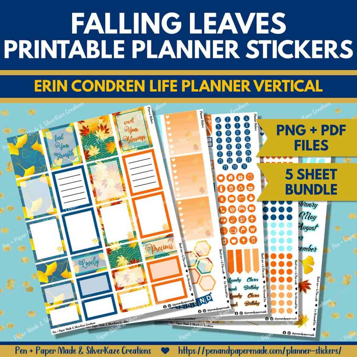 orange, yellow falling leaves most popular printable planner sticker bundle.