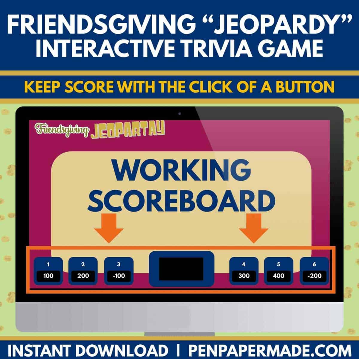friendsgiving jeopardy macro powerpoint includes working scoreboard to track points for up to 6 teams.