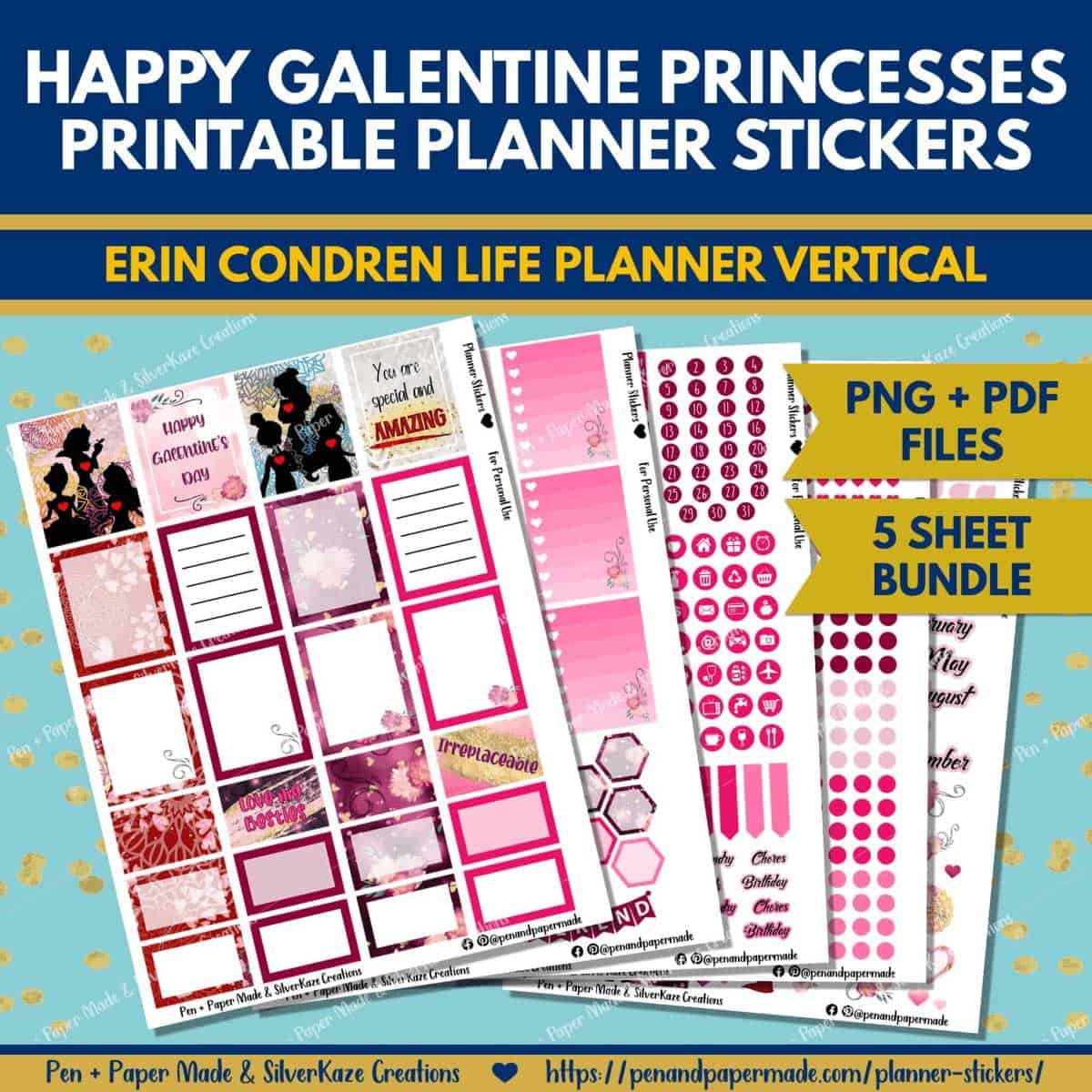 most popular valentine galentine princess printable planner sticker bundle.