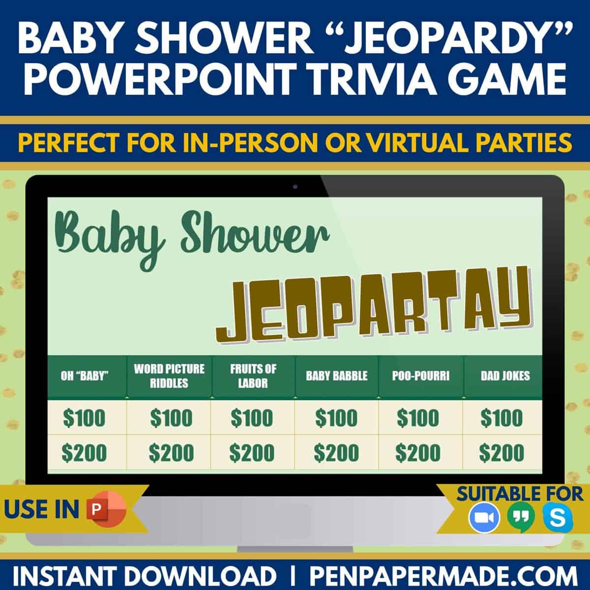 green baby shower jeopardy powerpoint title and game categories.