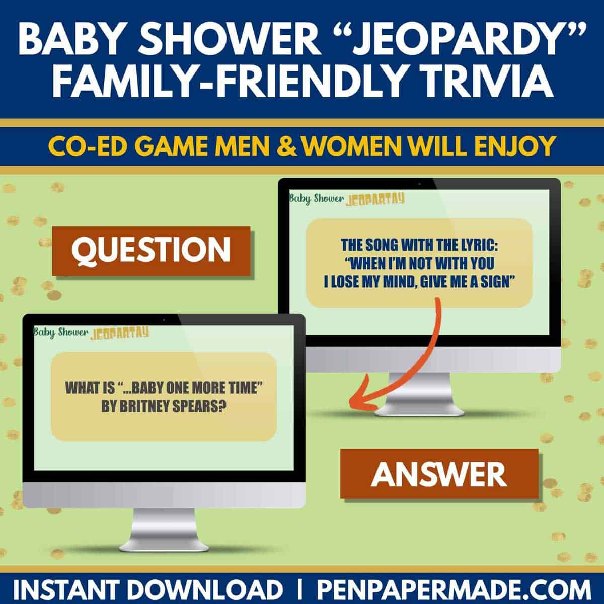 fun green baby shower jeopardy questions like matching song lyrics with baby in it.