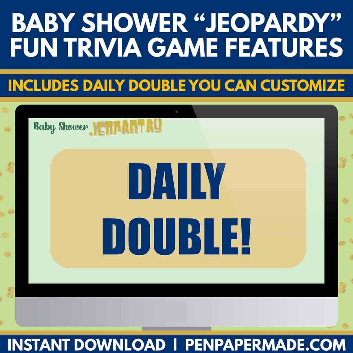 green baby shower jeopardy daily double round with custom points.