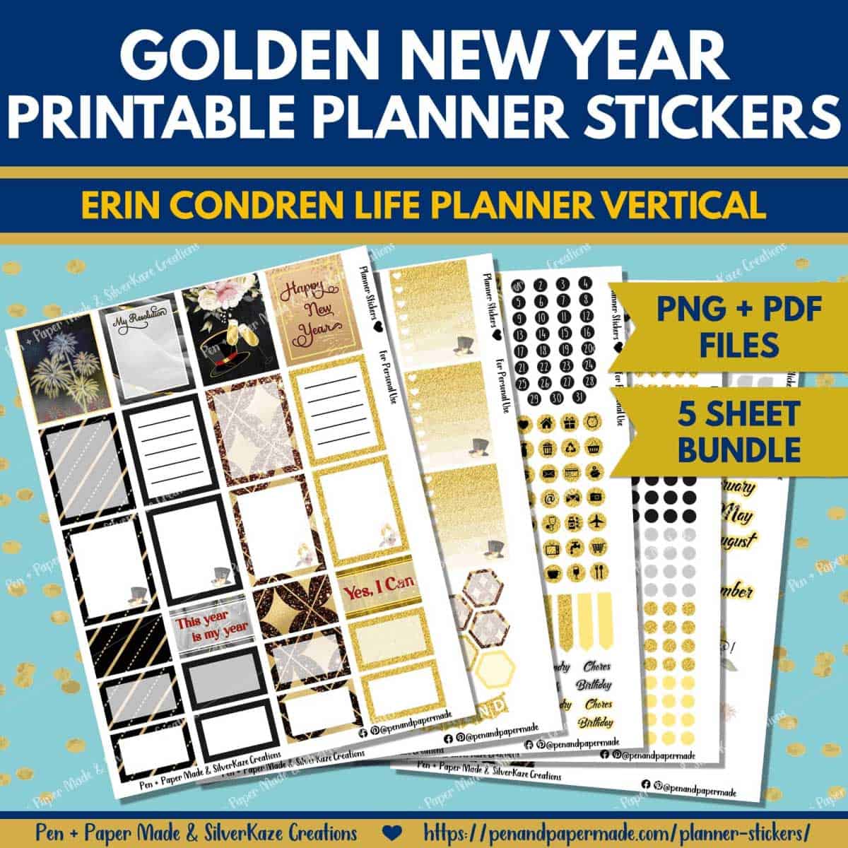 most popular golden new year printable planner sticker bundle.