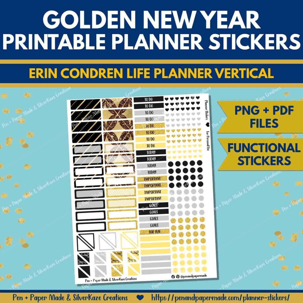new year gold, silver, black functional sticker labels.