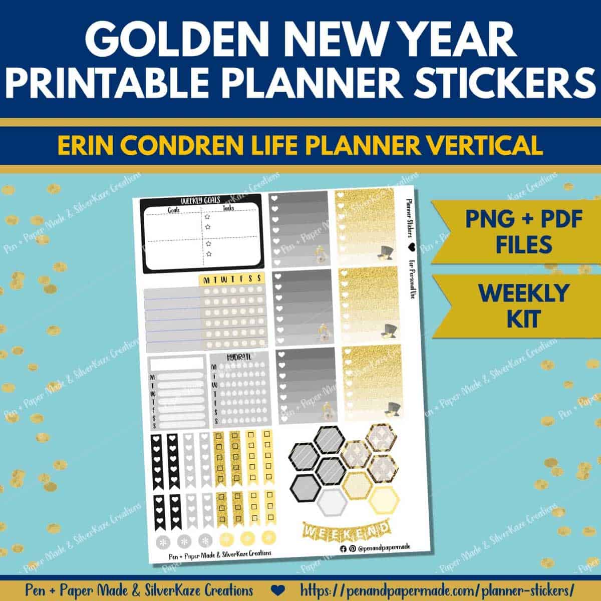 golden new year weekly kit gradient stickers..