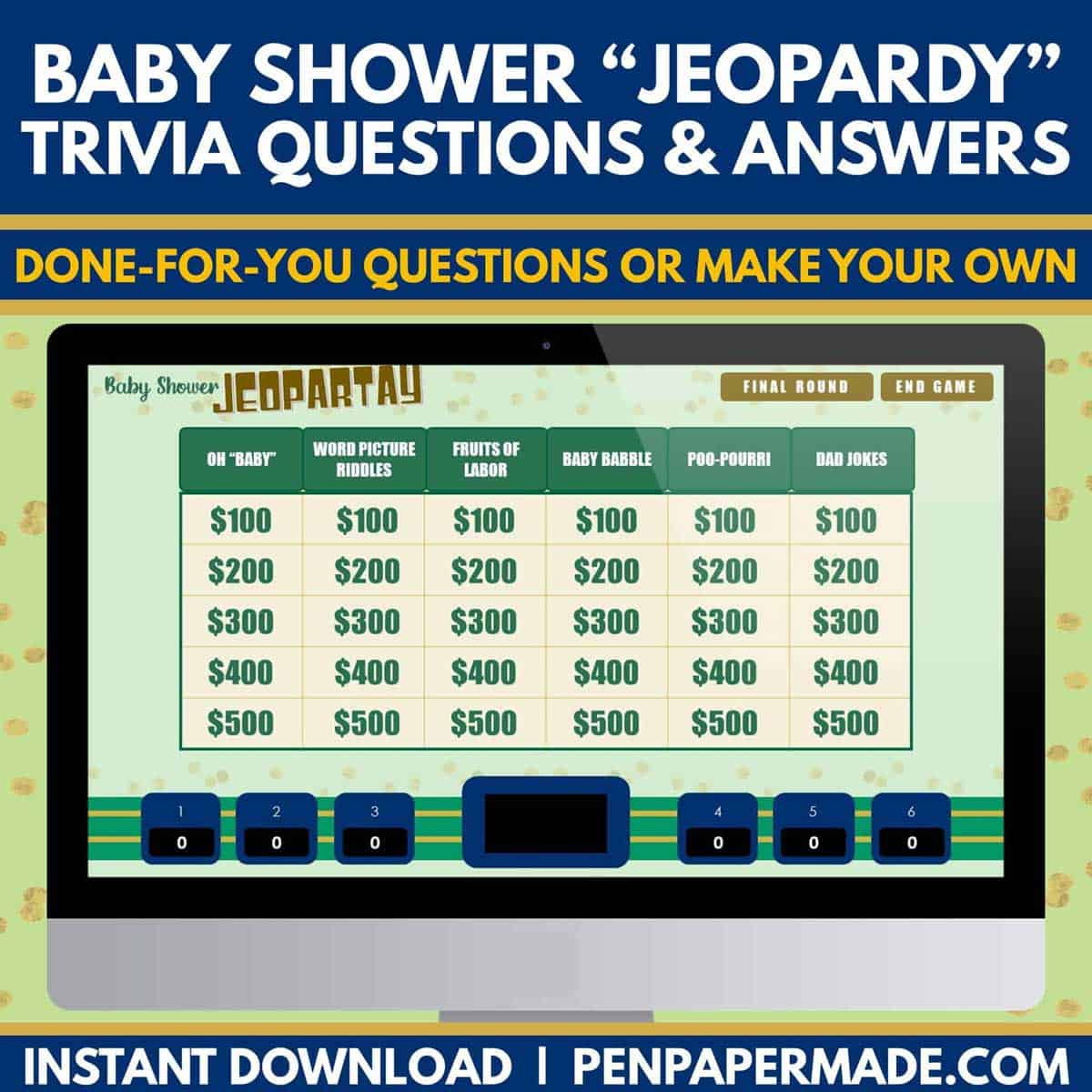 green baby shower jeopardy done for you questions on game board.