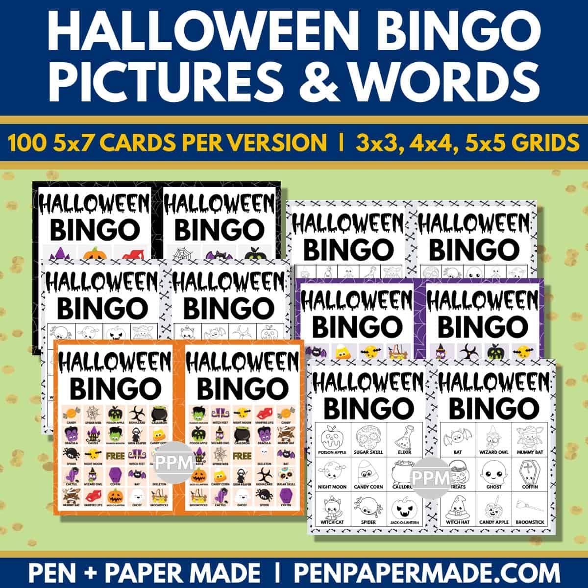 halloween bingo color, black and white game cards bundle.
