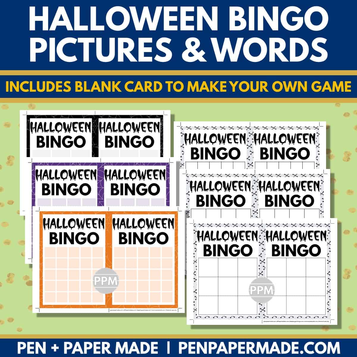 halloween bingo 5x5, 4x4, 3x3 bingo card blank template.