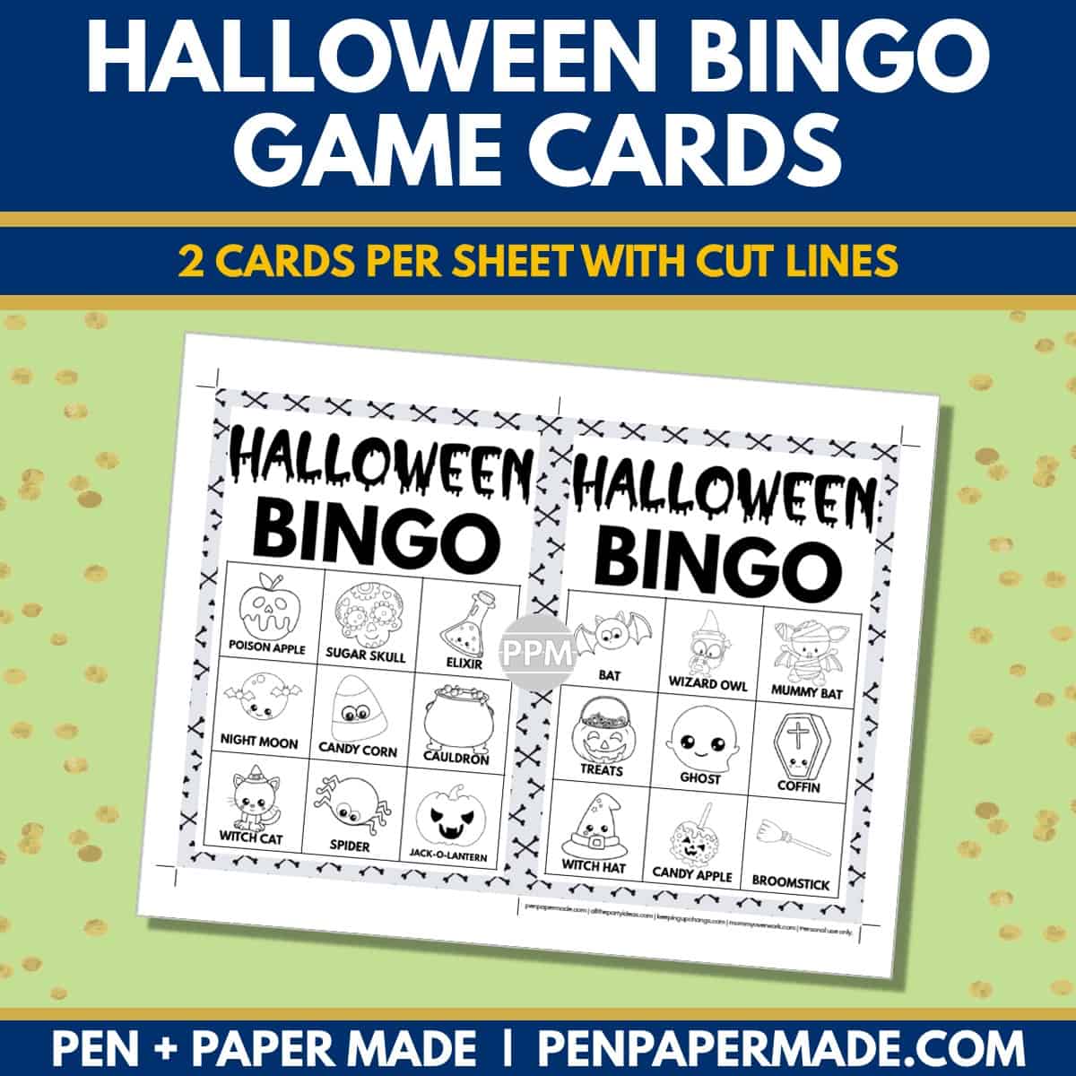 halloween bingo card 3x3 5x7 game boards with images and text words.