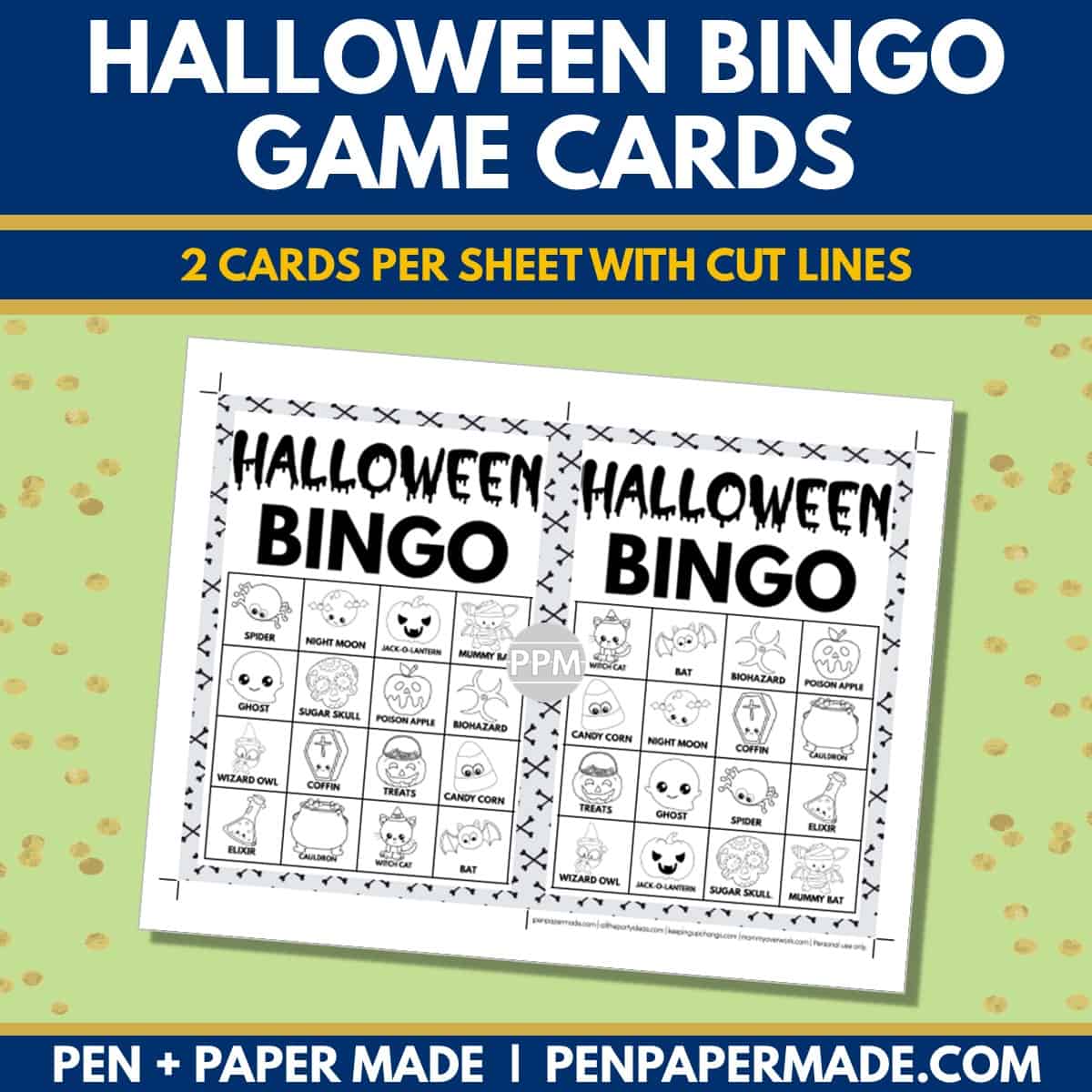 halloween bingo card 4x4 5x7 game boards with images and text words.