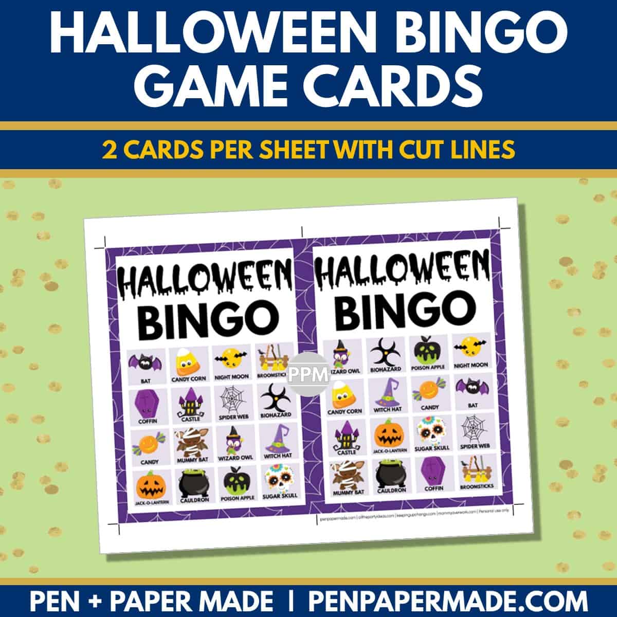 halloween bingo card 4x4 5x7 game boards with images and text words.
