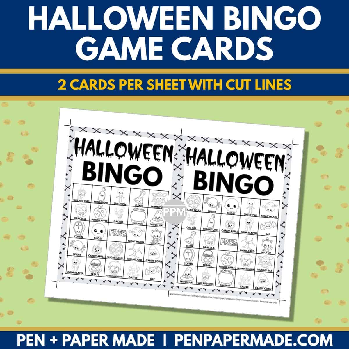 halloween bingo card 5x5 5x7 game boards with black white images and text words for coloring.