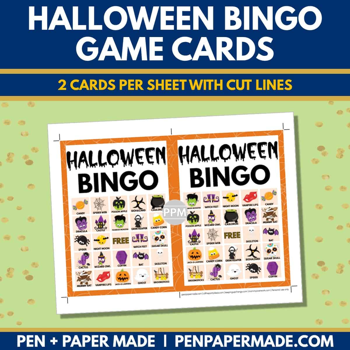 halloween bingo card 5x5 5x7 game boards with images and text words.
