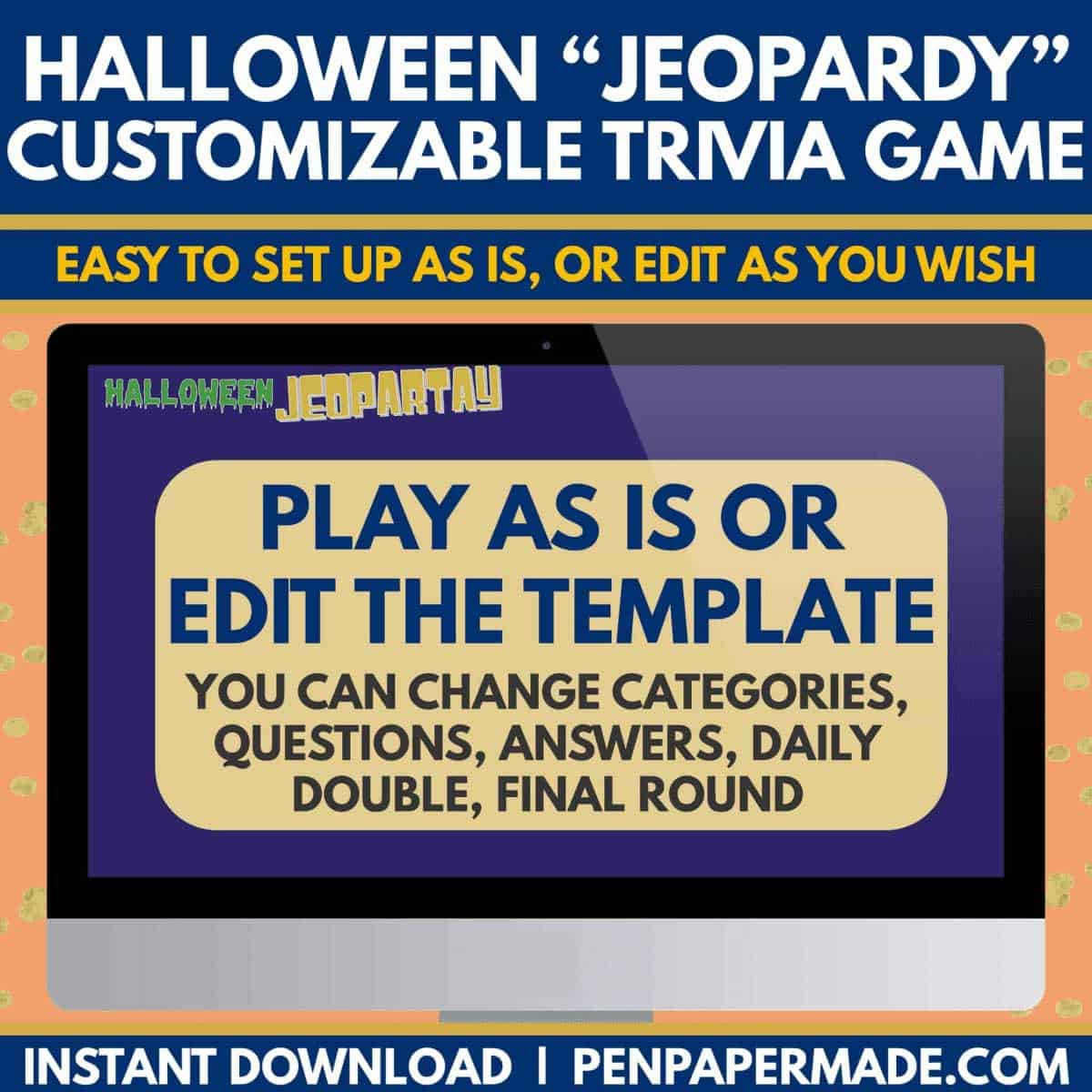 pre-loaded halloween jeopardy questions to play as is or edit template with own questions.