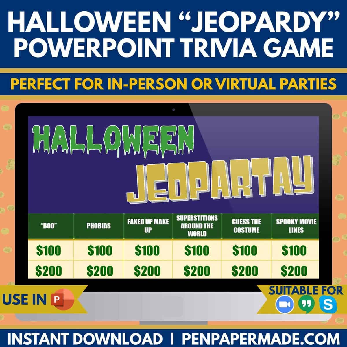halloween jeopardy powerpoint title and game categories.