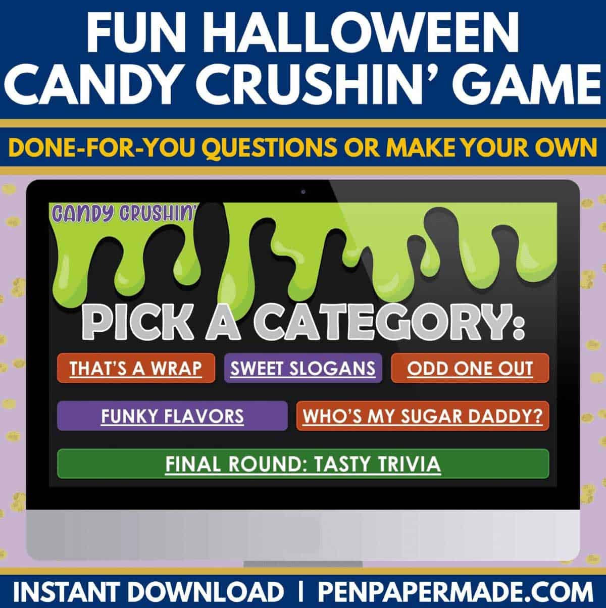 halloween candy trivia game with 6 fun categories.